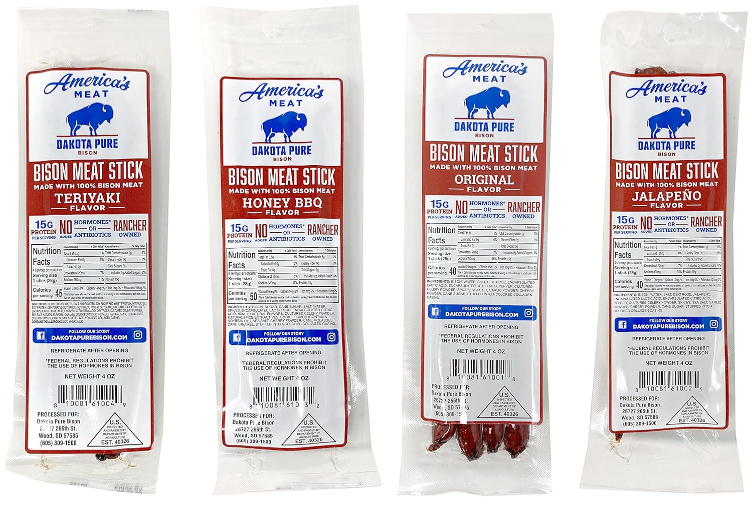 Dakota Pure Bison Meat Stick Bison Jerky Sticks, 100% Bison, USA Bison Raised, High Protein Meat Sticks, Low Carb Snacks, Keto Friendly, Sugar Free Snacks (Variety, 4 Pack)