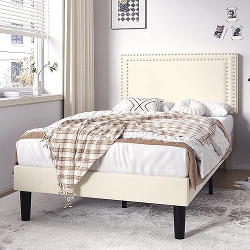 Miniatura 127 de VECELO Base de cama de tamaño matrimonial con cabecera tapizada ajustable, plataforma de listones de madera, diseño sin ruido, fácil montaje Negro