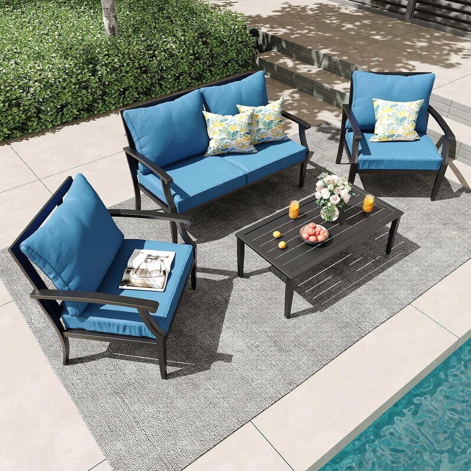 4 Piece Outdoor Patio Furniture Set Oversized Metal Conversation Sets with High Back Deep Seating Water-Repellent Cushions Coffee Table for Backyard Porch Balcony(Blue)