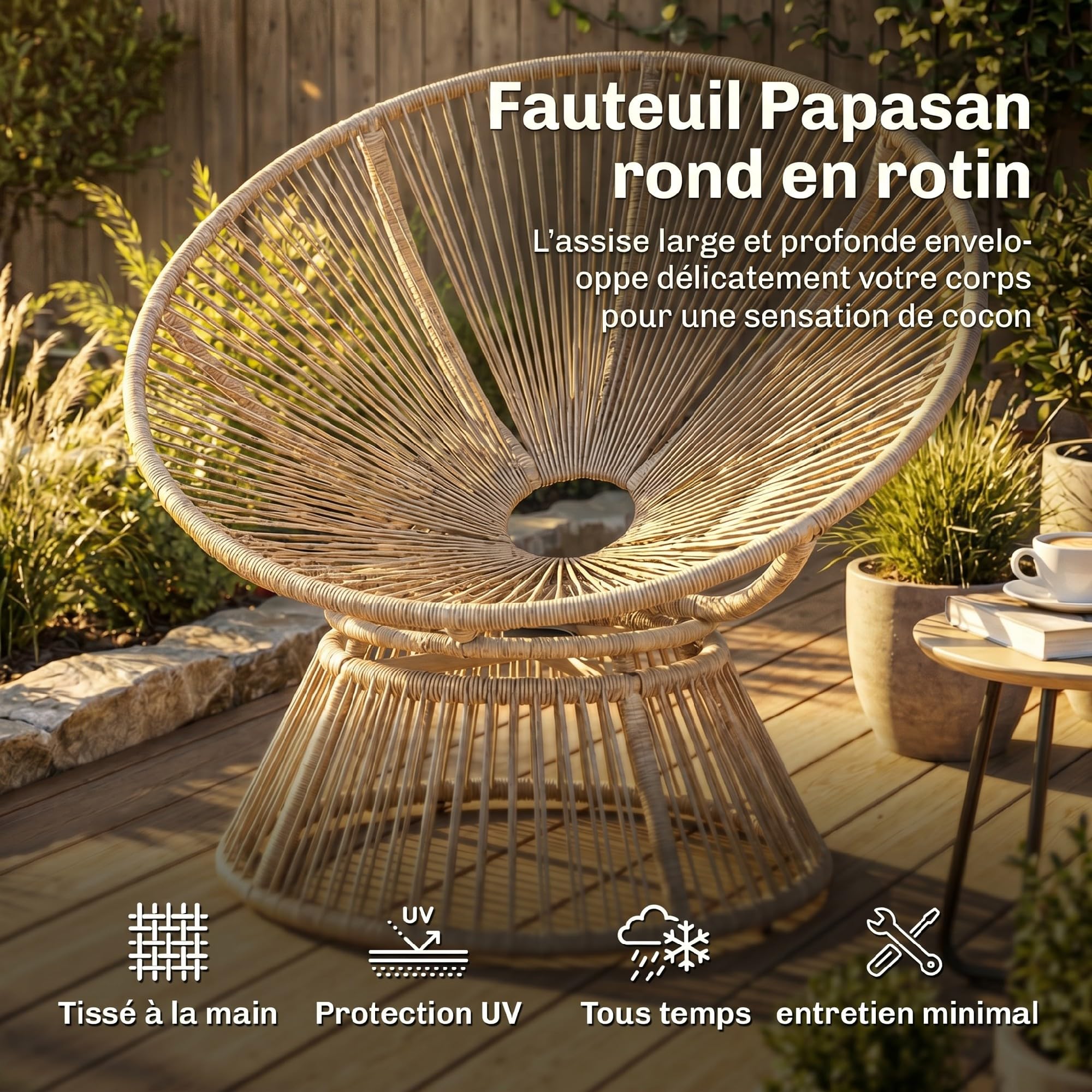 Outsunny Fauteuil Papasan Pivotant 360° avec Coussin Moelleux 12cm Fauteuil de Jardin en Polyrotin et Acier Siège Rond Relaxation pour Salon, Terrasse et Balcon Naturel