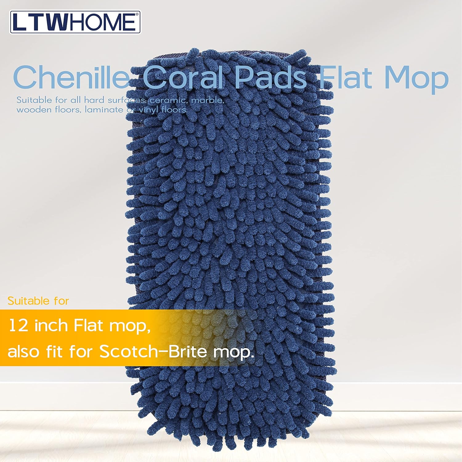 LTWHOME Replacement 12 Inch Chenille Coral Pads Flat Mop Refills (Pack of 8)