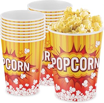 Leakproof, Super Durable 32oz Disposable Popcorn Bucket Tubs 50 Pack. Grease-Proof Pop Corn Containers with Cool Design Ultimate Movie Theater Accessory for Parties & Events