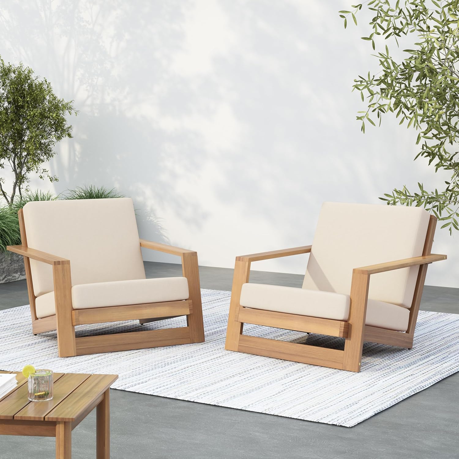 Christopher Knight Home Galio Set of 2 Acacia Wood Lounge Chair Outdoor, Wooden Patio Armchair for Lounging, Patio Furniture Single Sofa Chair Set, Comfy Reading Chair with Cushion, Light Teak+Beige