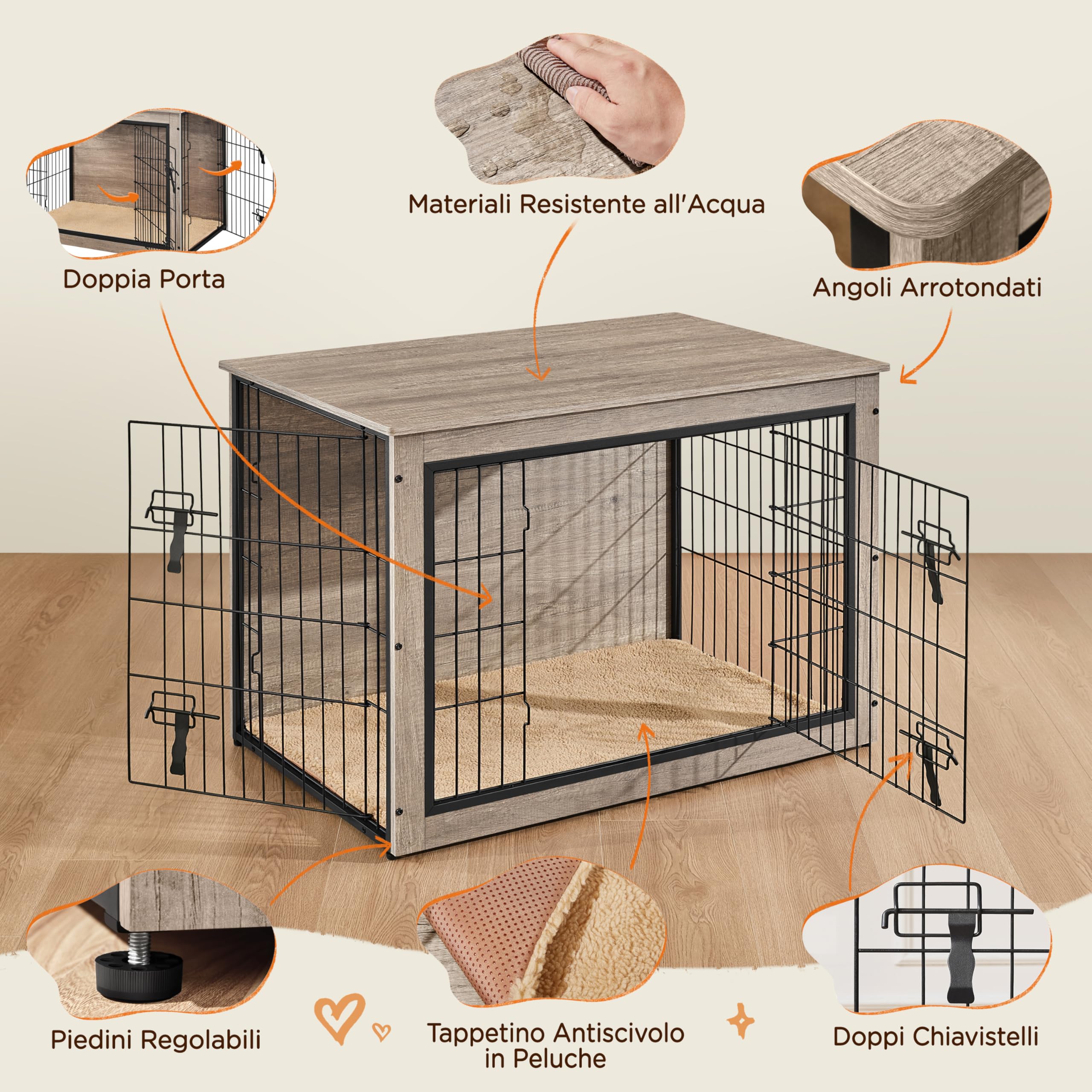 Yaheetech Gabbia per Cani Gatti, Tavolino Armadietto Box Kennel con Doppie Porte, a Rete in Legno, da Interno per Casa, 96 x 65 x 67,5 cm, Grigio