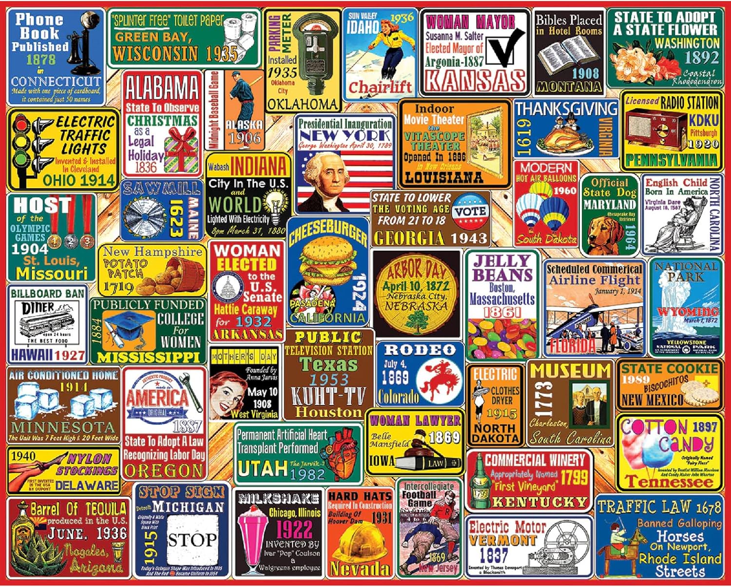 White Mountain 1000 Piece Jigsaw Puzzle Patriotic US Icons Collage Puzzles with Large Pieces Gift for Adults and Family 24"x30" - America's Firsts