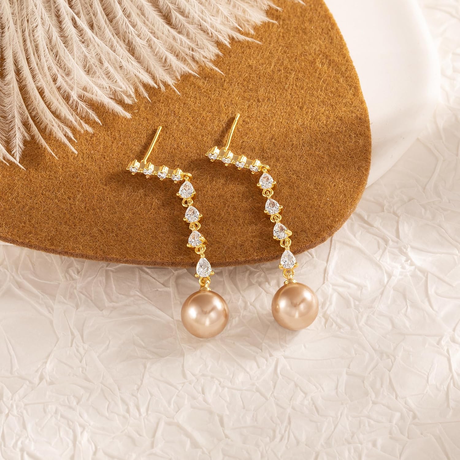 Pearl Earrings for Women, Trendy 14k Gold Pearl Dangle Drop Hoop Huggies Earrings Cubic Zirconia | Irregular | Knot Pearl Studs Hypoallergenic Lightweight Wedding Gold Earrings Jewelry Gift - Image 6