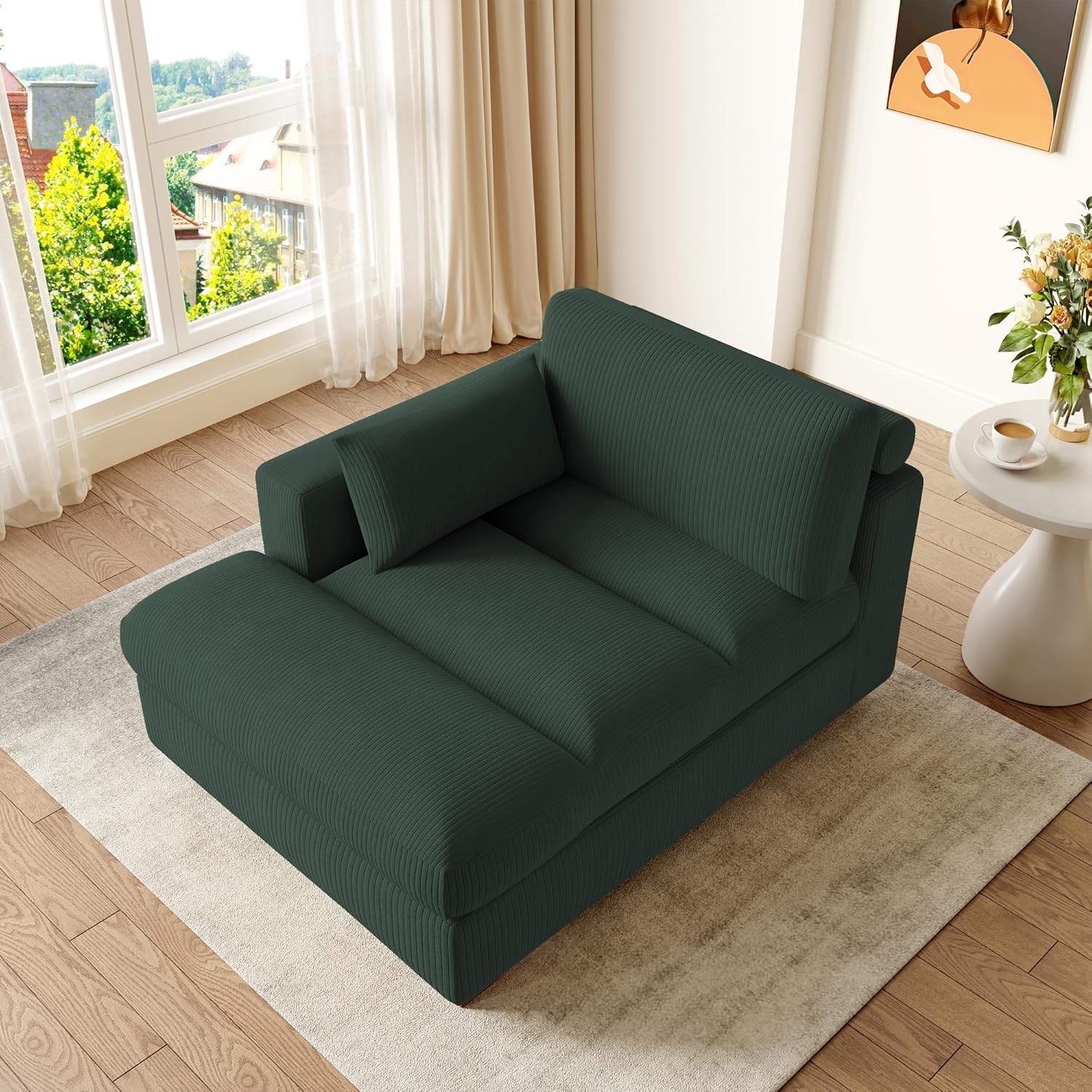 Chaise Lounge Indoor, Oversized Corduroy Sofa Chair with Right Armrest and Throw Pillows for Bedroom, Living Room - Hunter Green