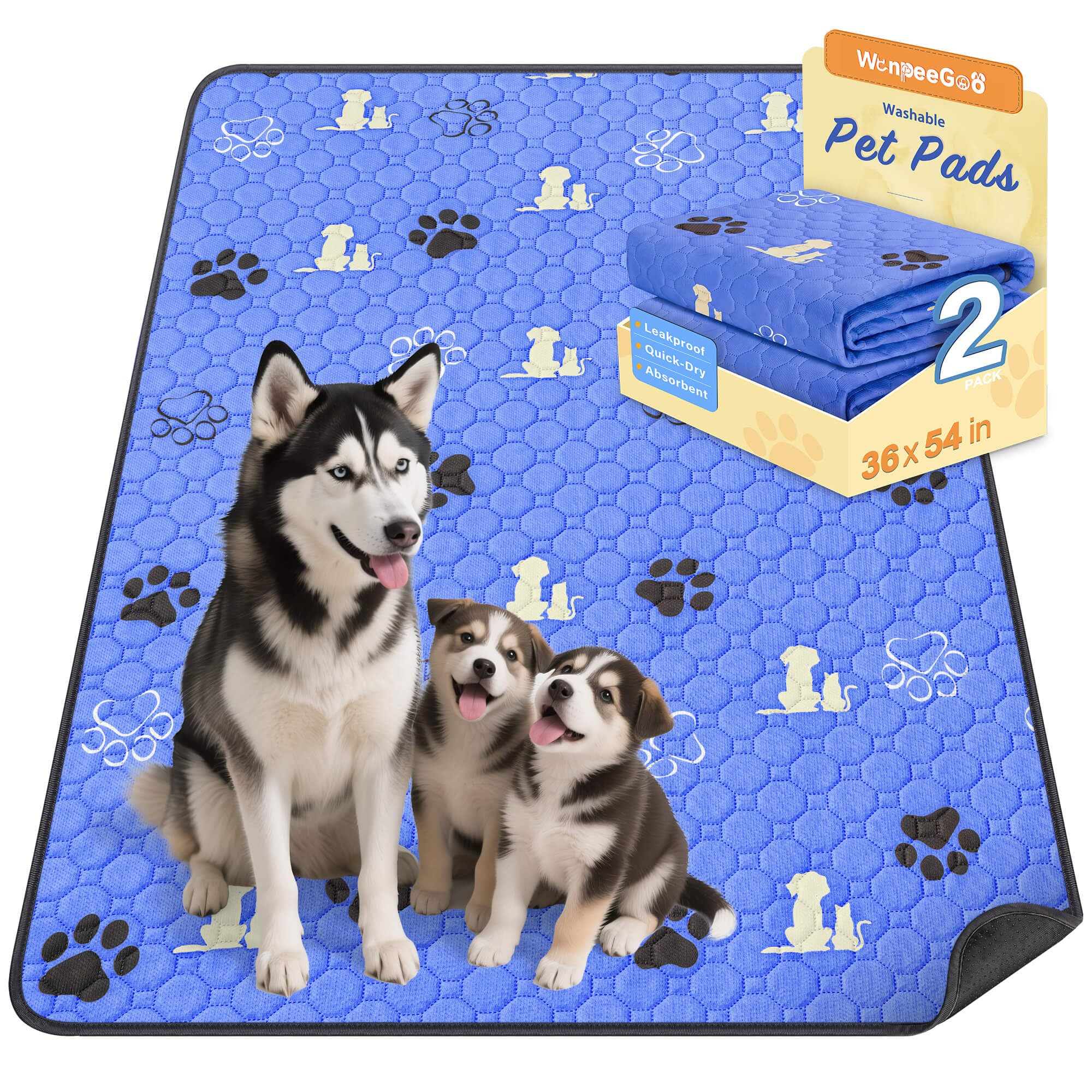WanpeeGoo Washable Pee Pads for Dogs Mat, 2 Pack Absorbent Reusable Training Dog Pads Pet Puppy Pads, Non-Slip Potty Pads for Whelping, Playpen, Crate, Bed, Blue 92x138cm