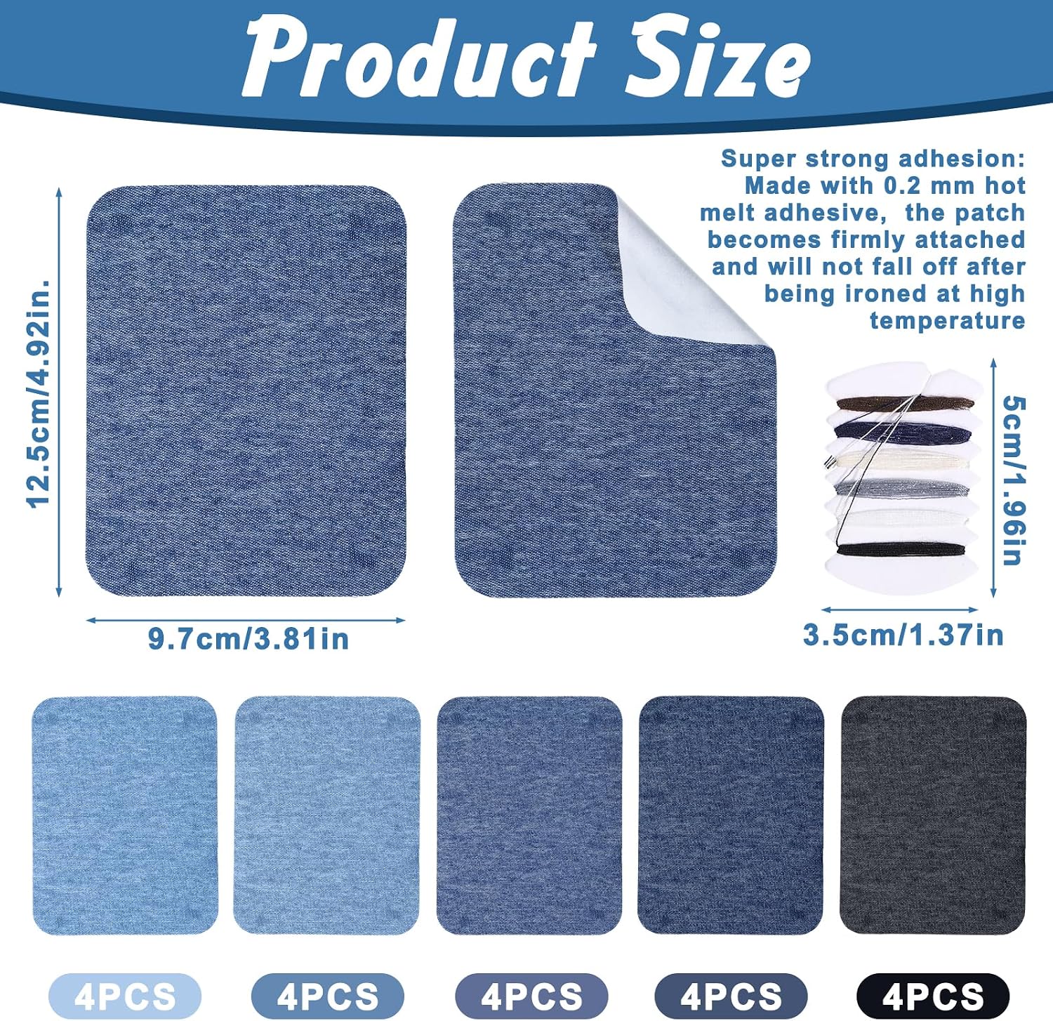 Iron on Jean Patches for Clothes, 20 Pcs Denim Patches for Inside Jeans, Cotton Denim Repair Patch with Sewing Kit for Inside Jeans Fabric Kit, Jeans Knee, Pants, Clothing (5 Color)