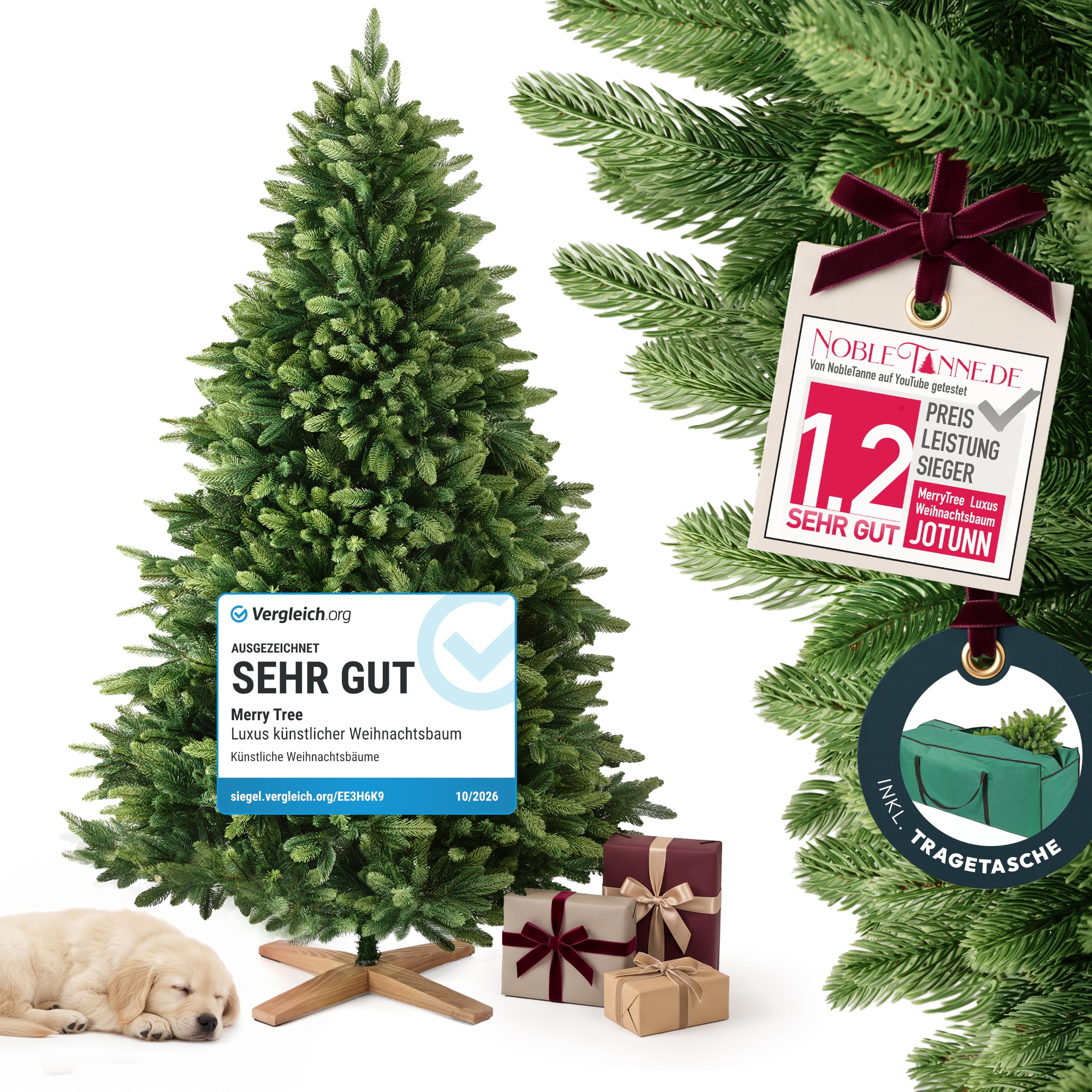 Merry Tree Luxus künstlicher Weihnachtsbaum 120 cm aus 100% Spritzguss | Kleiner Weihnachtsbaum Spritzguss mit naturgetreuen PE-Nadeln und edlem Holzfuß - Tannenbaum - Christbaum PE-Spritzguss