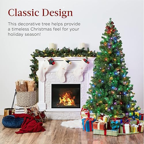 Miniatura 6 de Best Choice Products Árbol de Navidad preiluminado de 9 pies, árbol artificial con bisagras de abeto con 900 luces LED multicolores, puntas de rama