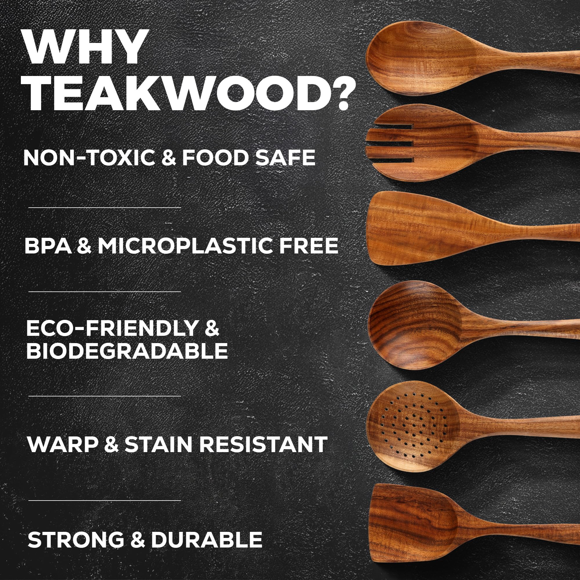 Zulay Kitchen 7 cucharas de madera de alta calidad para cocinar, utensilios de madera de teca con acabado suave para cocinar, madera de teca natural con acabado suave, utensilios de cocina de madera