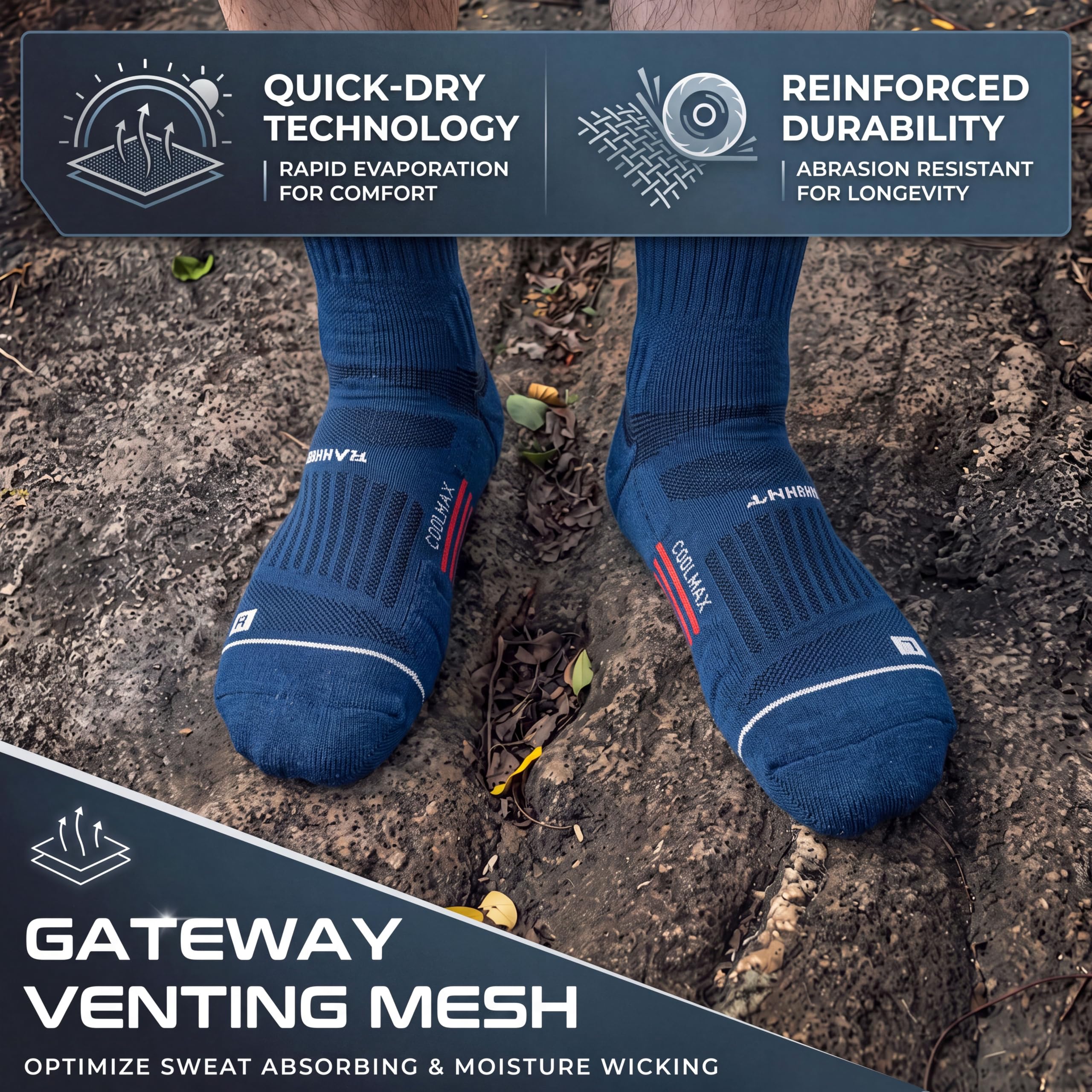 Rahhint Coolmax Lot de 3 paires de chaussettes de compression pour homme et femme Respirabilité Évacuation de l'humidité Chaussettes de sport anti-ampoules Chaussettes de marche avec motif TAB et