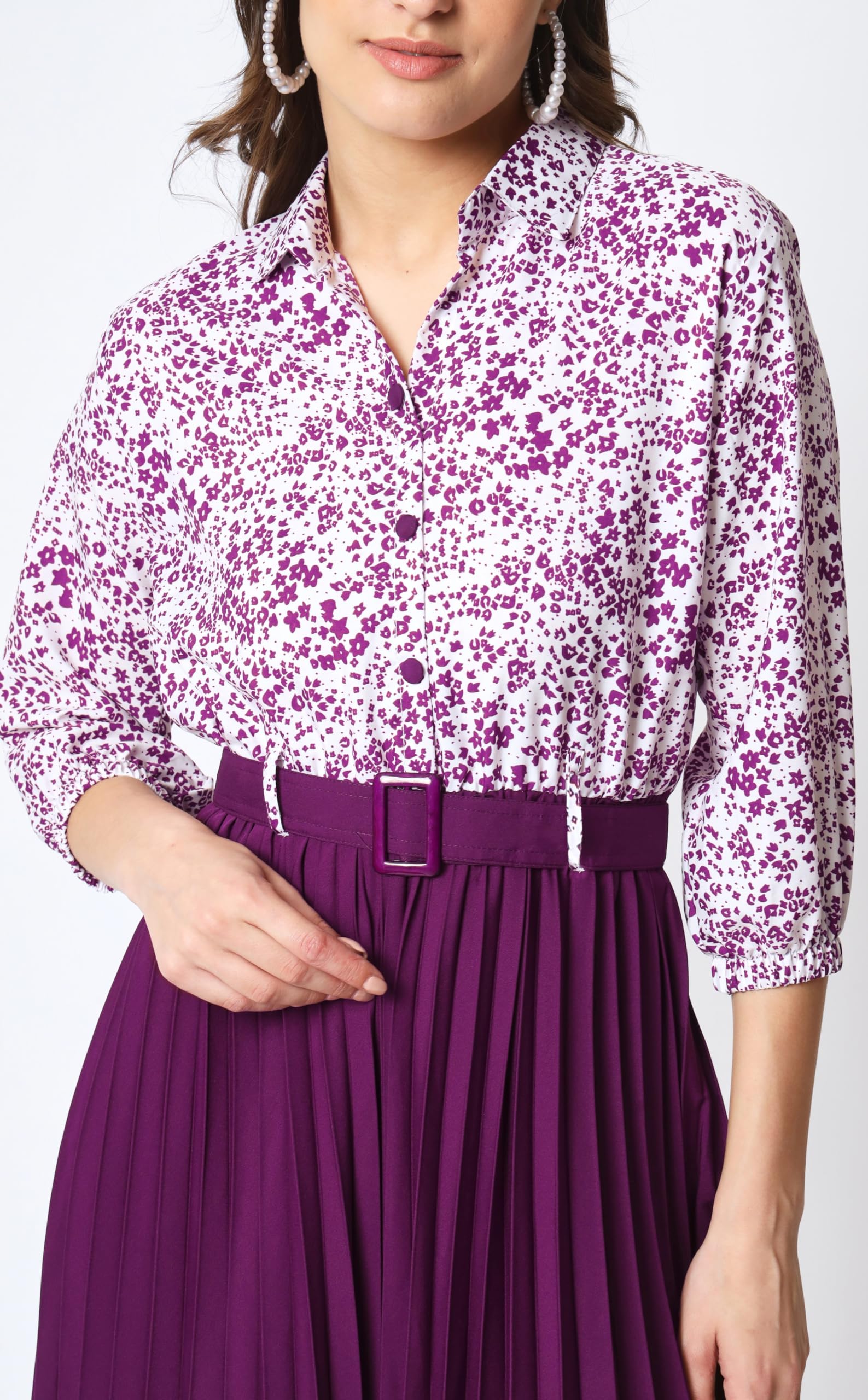 Kzully Women's Print 3/4 Sleeve Pleated Midi Dress With Belt Purple