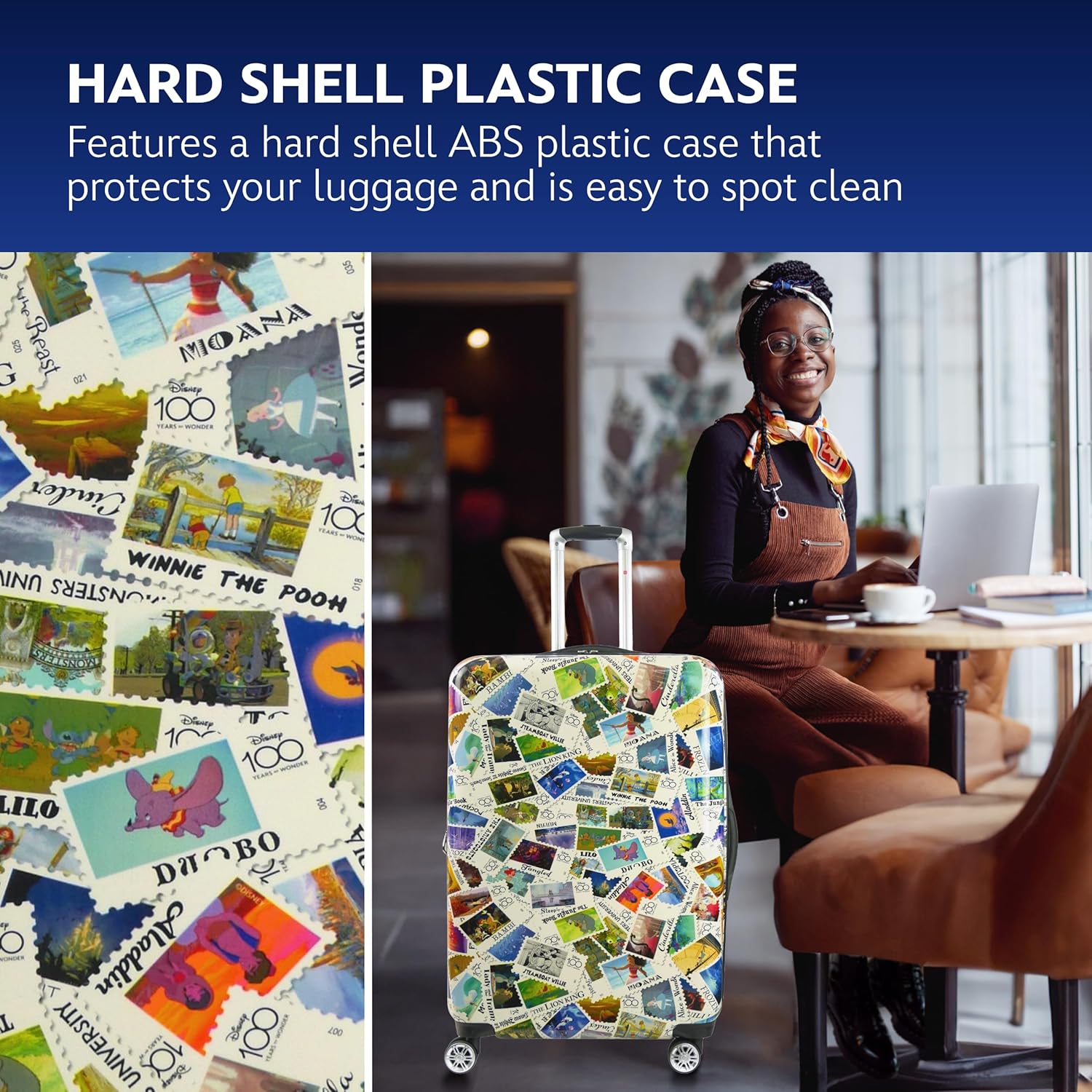 FUL Disney Stamps 30 Inch Rolling Luggage, Hardshell Checked Suitcase with Spinner Wheels, Multi