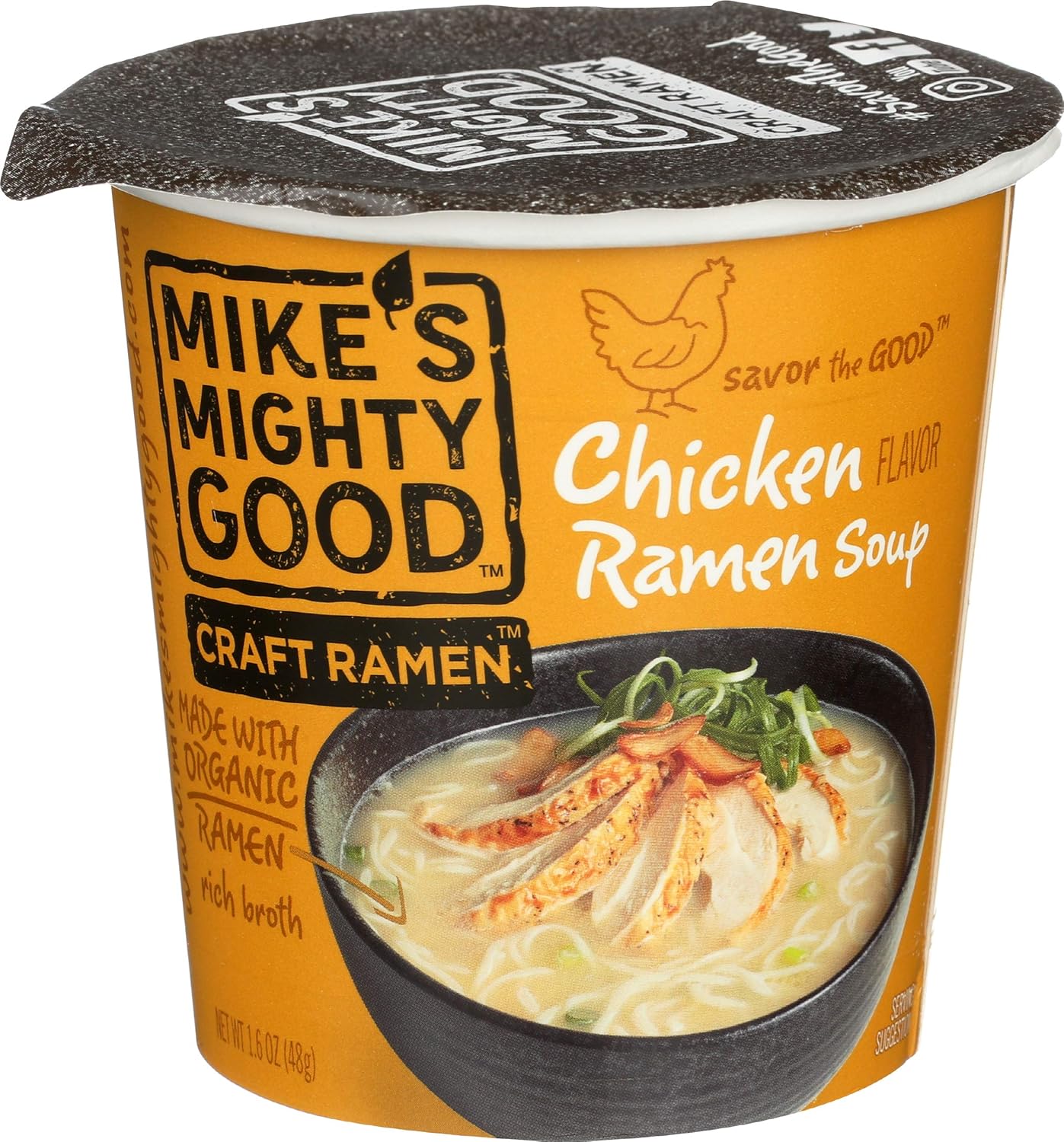 Mike’s Mighty Good Bone Broth Chicken Ramen Cup (Pack of 6) – 10g Protein Instant Ramen Noodles – Steamed Organic Noodles, Non-GMO, Seed & Palm Oil-Free – Antibiotic-Free Chicken, Rich Broth