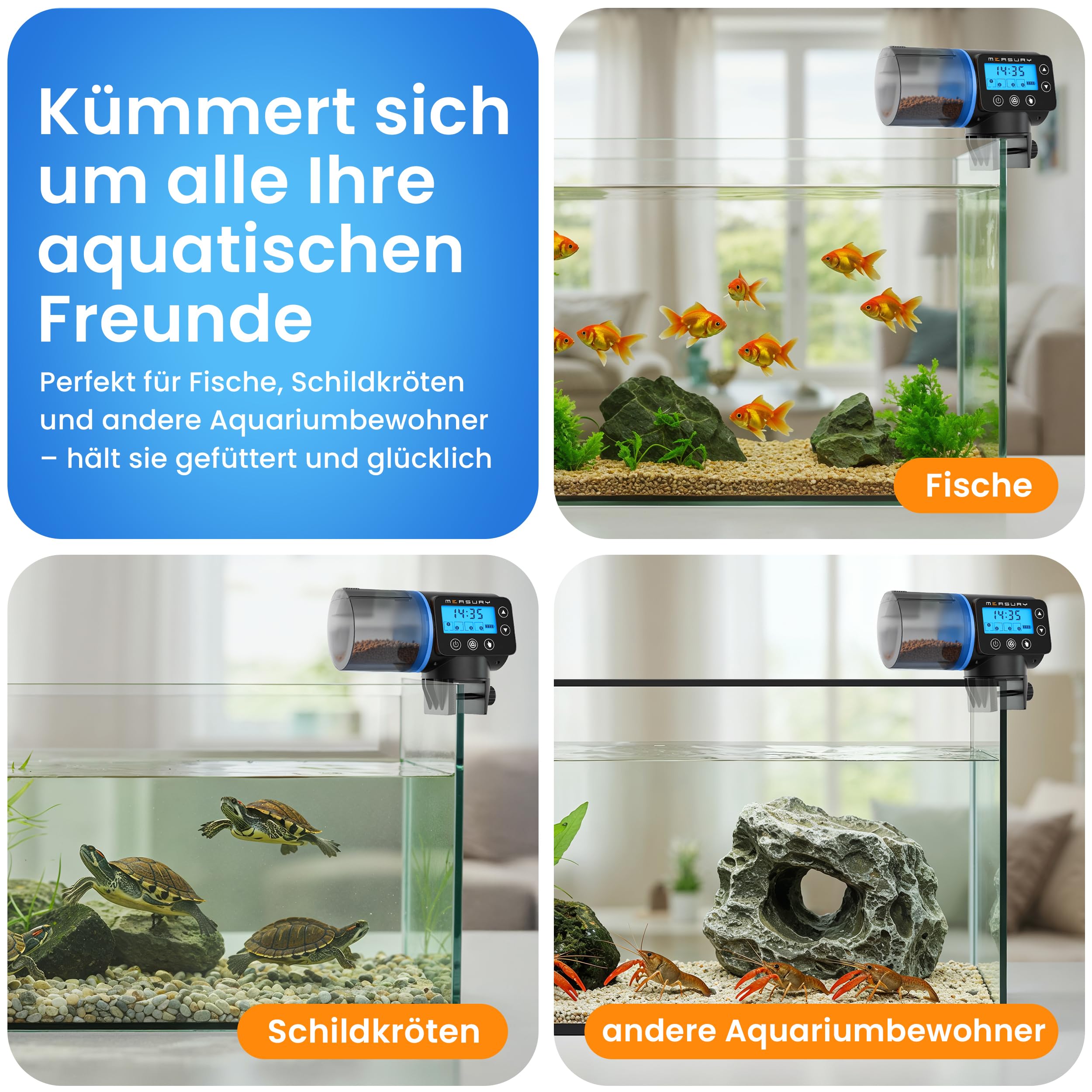 Measury Futterautomat Aquarium, Automatische Fischfütterung bis zu 4 Mal am Tag - Futterspender Fische, Fischfutterautomat