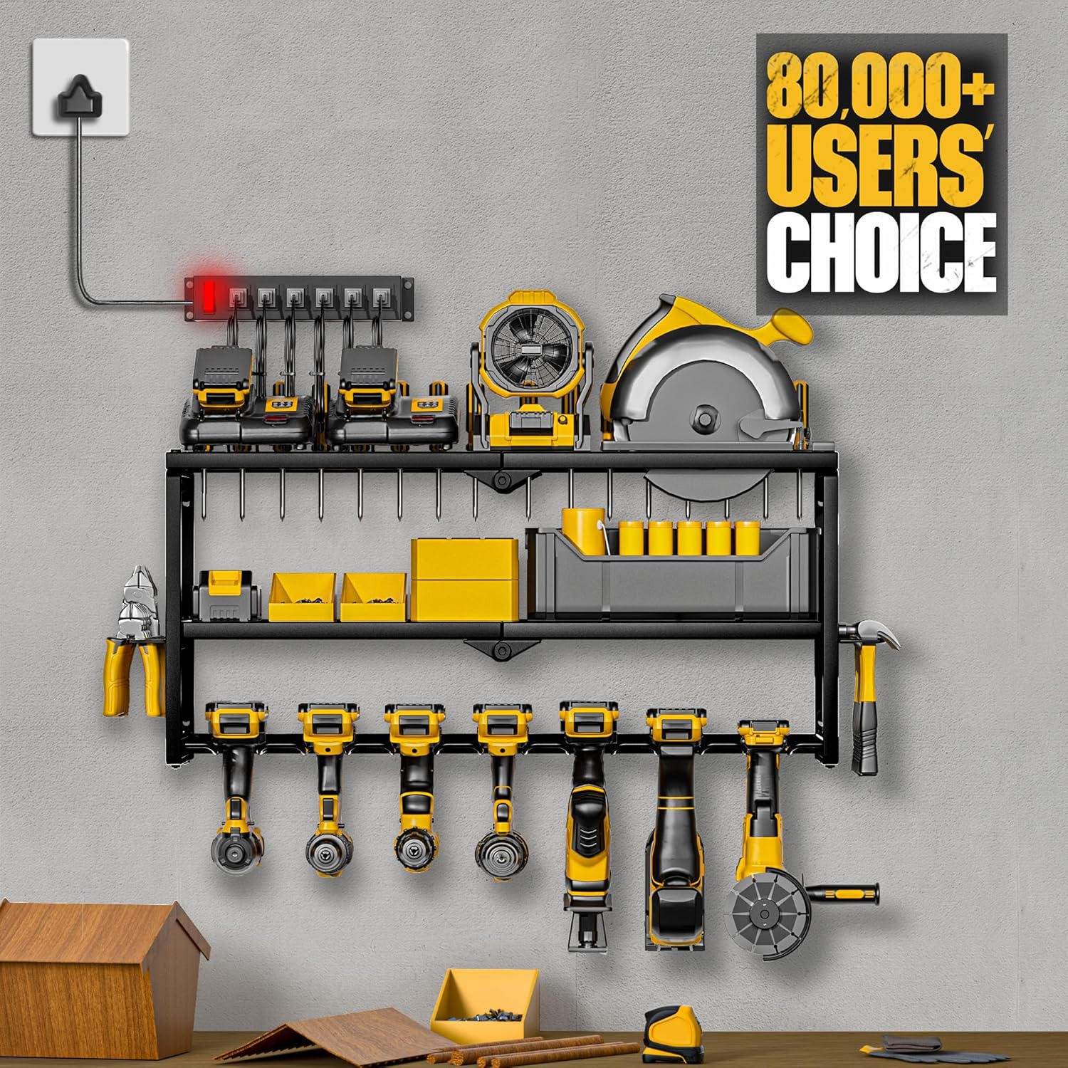 Power Tool Organizer Wall Mount with Charging Station, 7 Slots for Cordless tool Storage, Tool Battery Holde with 6 Outlet Power Strip, Utility Rack for Garage/Workshop, Christmas Gift