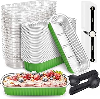 50 PACK Mini Cake Pans with Lids and Spoons, Rectangular Aluminum Foil Bread Pan, Mini Loaf Pans and Food Containers with Lids(Grass Green, 6.8oz)