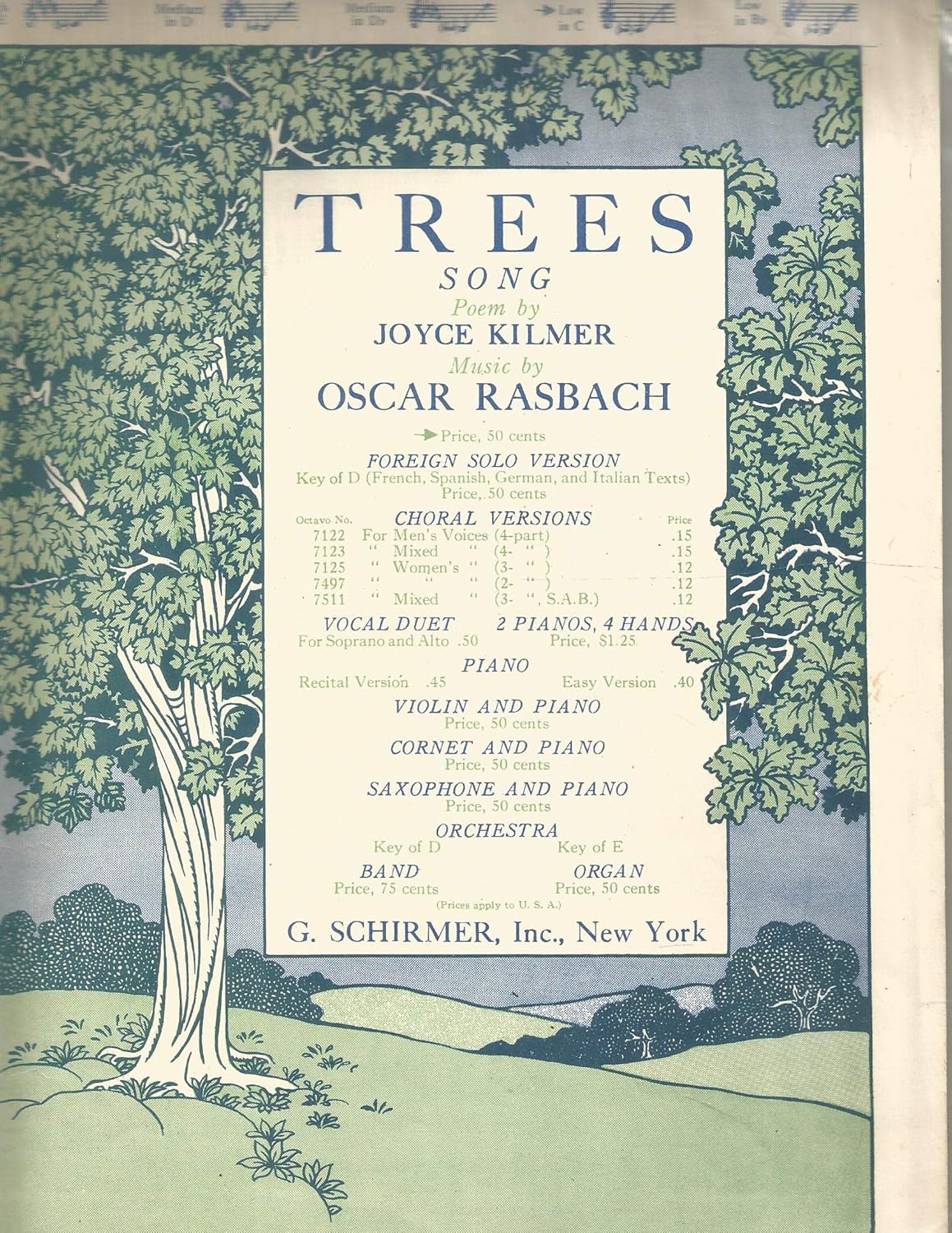 Trees Song By Oscar Rasbach Poem Joyce Kilmer G. Schirmer Inc. for Low
