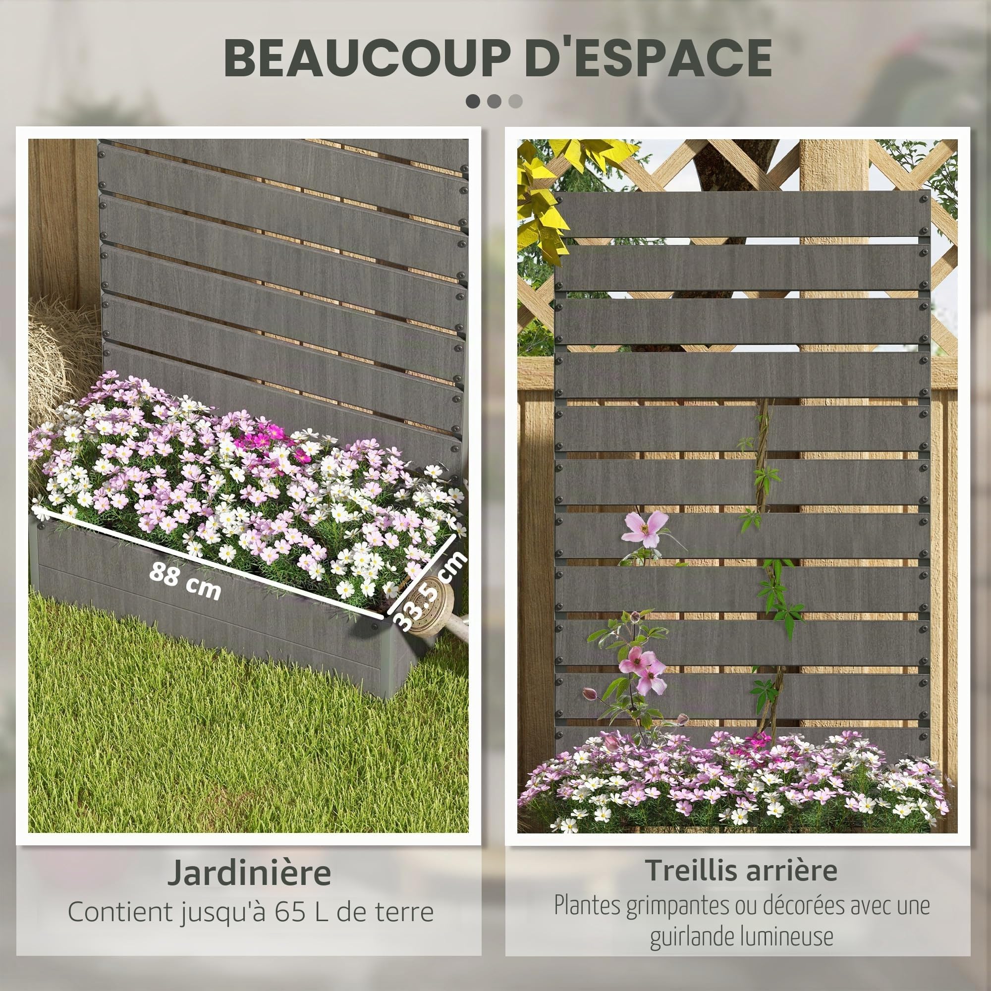 Outsunny Jardinière de jardin avec treillis pour plantes grimpantes, vignes, fleurs, plate-bande surélevée autoportante pour jardin, extérieur, terrasse, jardinière avec espace de drainage, gris foncé