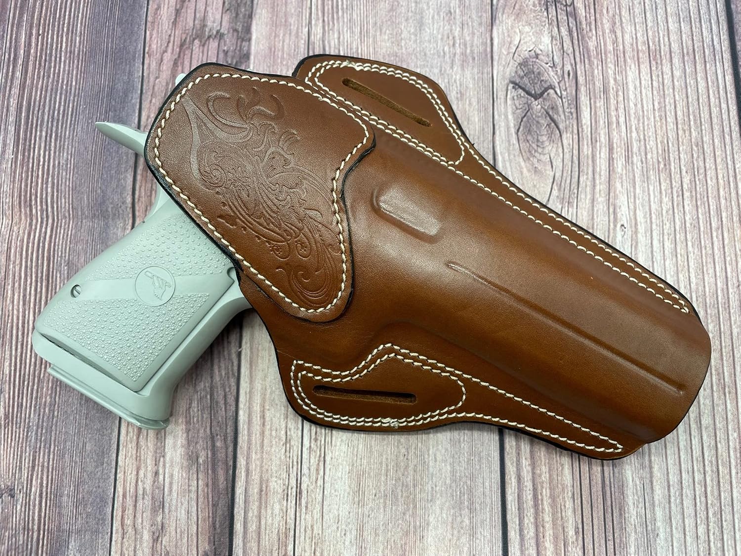CEBECI ARMS Right Hand Brown Leather Open Top Belt Holster with Tooled Western Floral Design for 6" Desert Eagle 50AE (One Rail or No Rail)