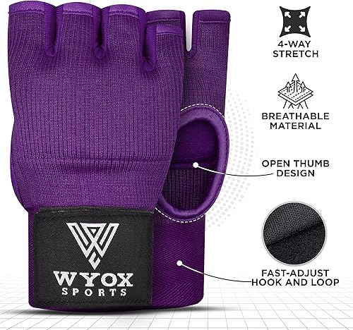 Miniatura 2 de WYOX Guantes interiores de boxeo de gel para hombres y mujeres, correa rápida de muñeca de 31.5 in, soporte acolchado para nudillos, MMA sin dedos,
