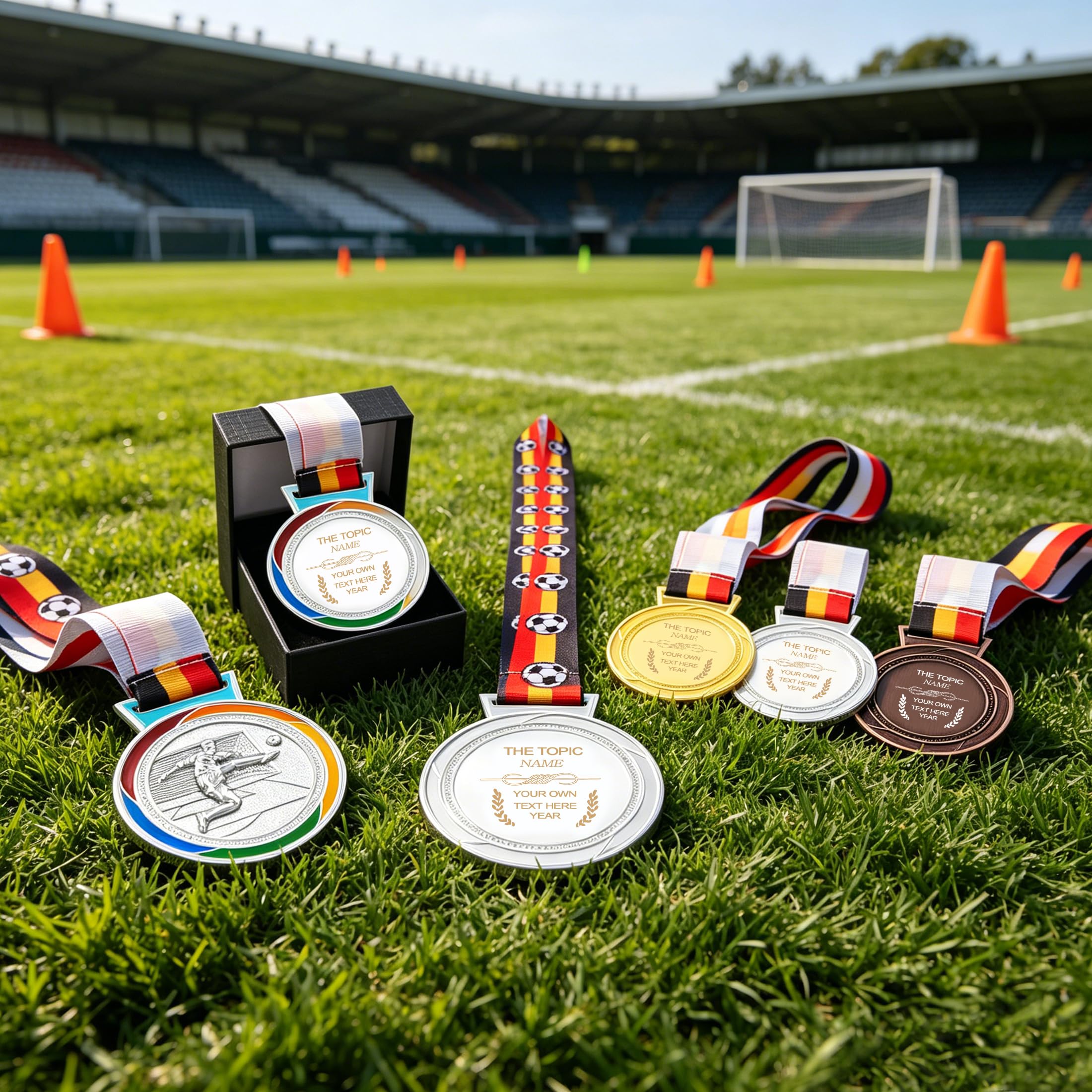 Uloveido Individuelle Fußballmedaille mit Deutschland Flaggenband, 3D Fußballspieler Design, Gravur oder QR-Code Rückseite, Schulsportturnier YA6969