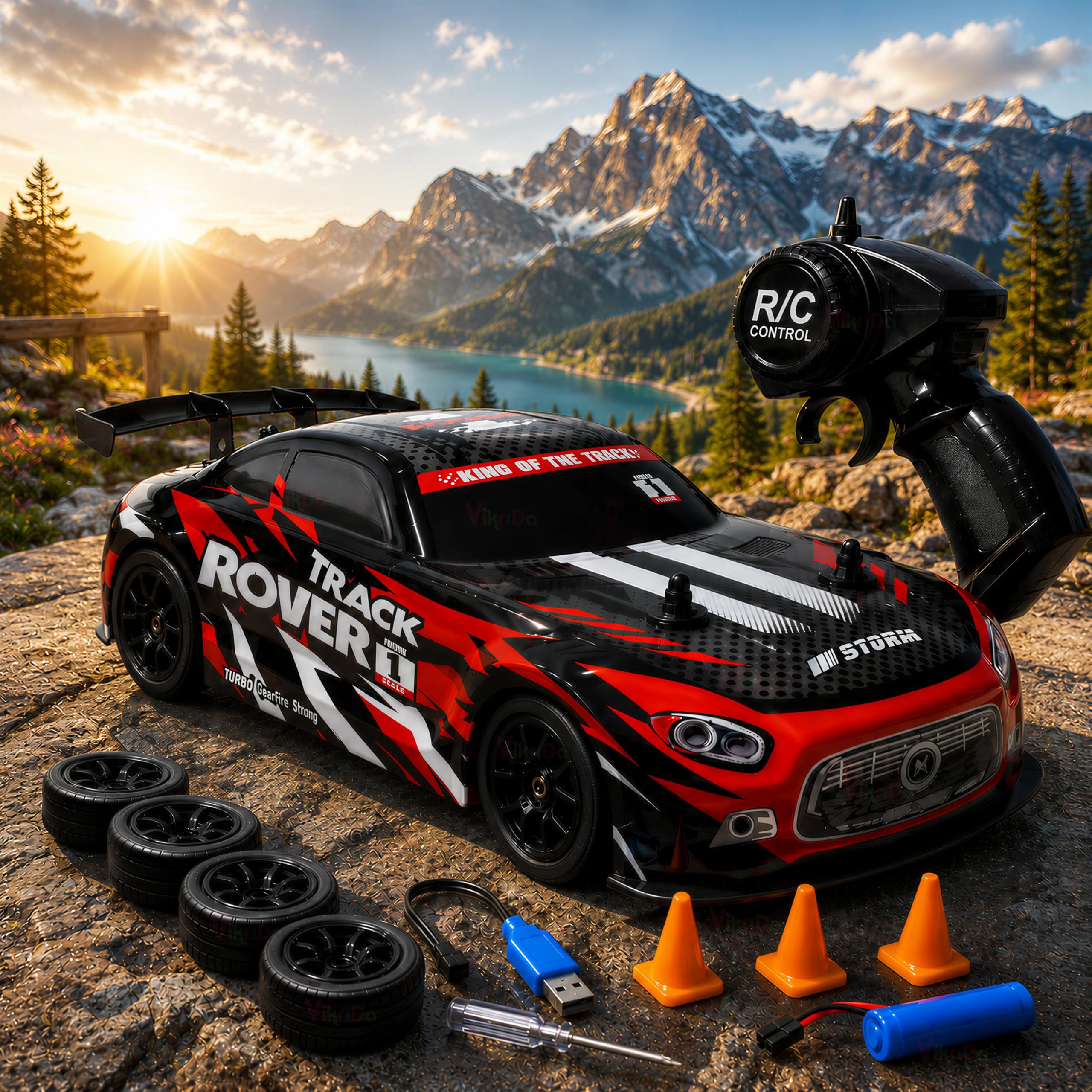 VikriDA High Speed Remote Control Speed Racing Car | 5 Channel Rechargeable Car with Simulation Mist Spray and Light (Red RC Rapid Drift)-image-37
