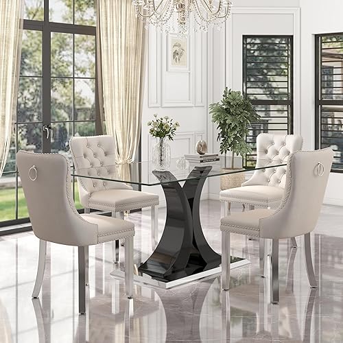 Miniatura 24 de Juego de mesa de comedor moderno de vidrio para 4, mesa de 160 cm de vidrio templado con base dorada estética y 4 sillas de comedor lujosas azules y