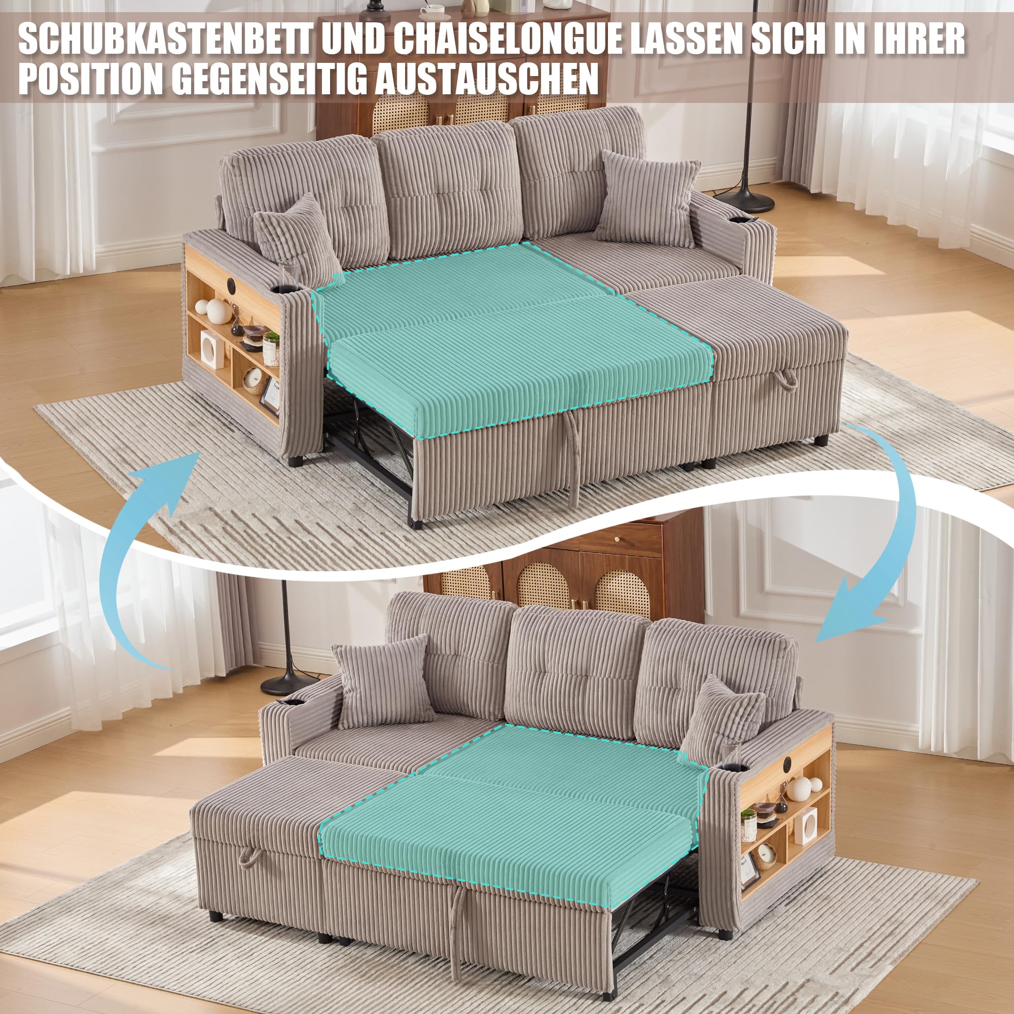 Divano in Velluto a Coste con Contenitore e Letto estraibile, Divano Letto con Porta USB-C e LED, Portabicchieri e Ampi braccioli, Sofa Soggiorni, Divano a 3 Posti, letto Matrimoniale,Grigio chiaro