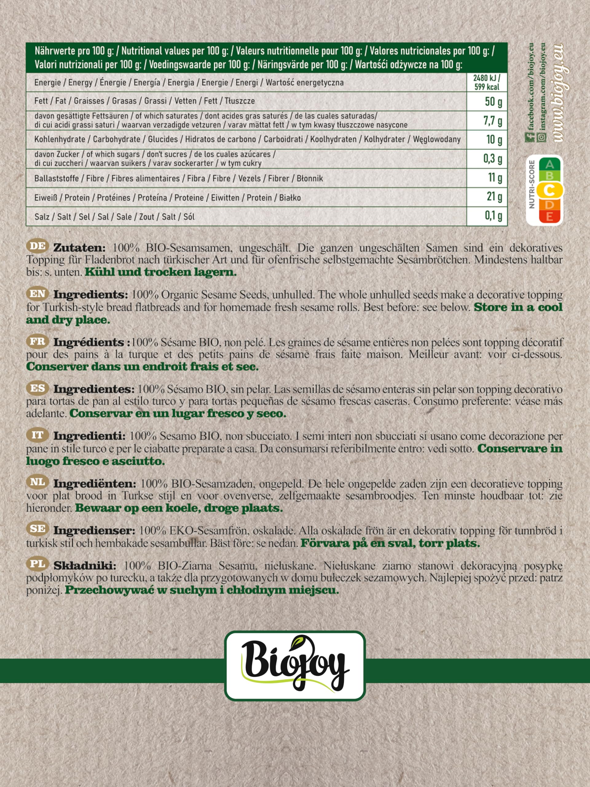 Biojoy Sésame BIO non pelé (1,5 kg), entier et cru, graines de sésame blanc, sans additifs