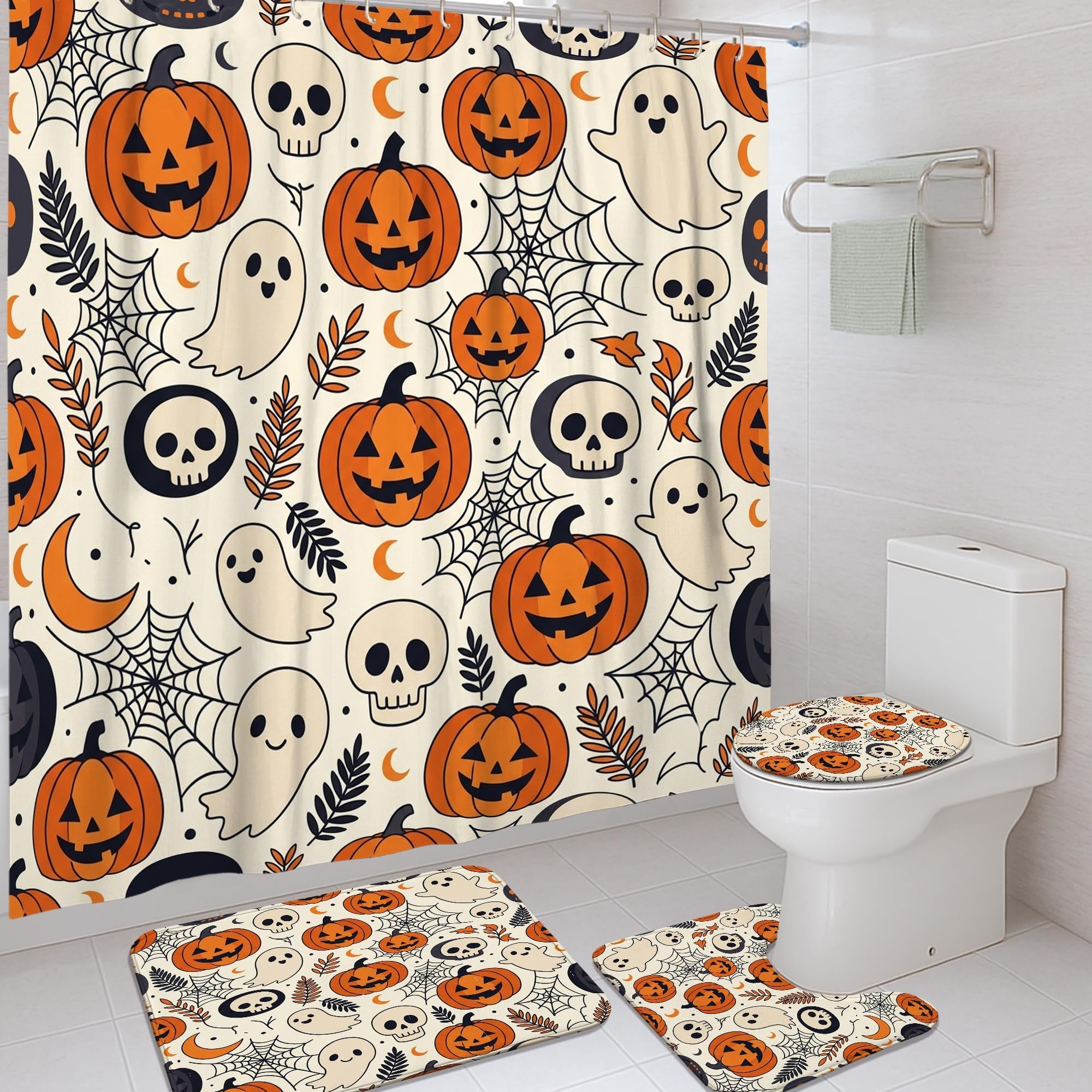 Rideau de douche Halloween en tissu lavable avec motif citrouilles et tapis