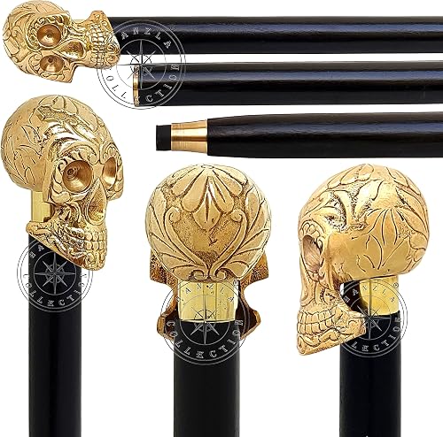 Polished Brass Skull Head Design Cane Wooden Walking Stick Vintage Gift for Men & Women, Skull Handel Walking Stick Hardwood Shaft Cane, Solid Brass Handle Walking Cane, Skull Knob Cane, Carved Cane
