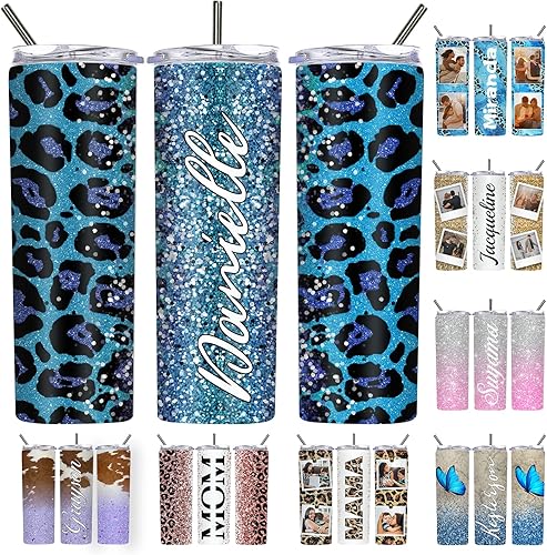 Miniatura 8 de Vaso delgado personalizado con estampado de leopardo con tapas y popotes nombres vasos de acero inoxidable personalizados imagen para mujeres