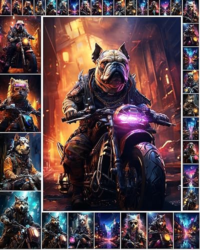 Decoupage - Paquete de papel (35 hojas de 6 x 8 pulgadas), rebeldes perros valientes que montan motocicletas aterradoras, Cyberpunk FLONZ, tarjetas