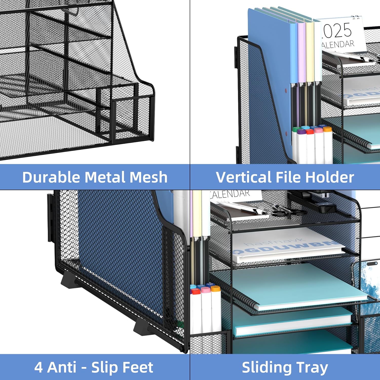 SUPEASY Desk Organizer, 5-Tier Mesh Desktop File Organizer with Bookends, File Holder, 2 Pen Cups and Paper Letter Trays, Large-Capacity Metal Organizer for Home, Office or School