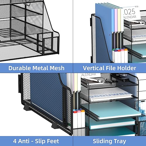 Miniatura 6 de SUPEASY Organizador de escritorio con soporte para archivos, organizador de bandeja de papel de malla de 5 niveles con soporte para revistas,