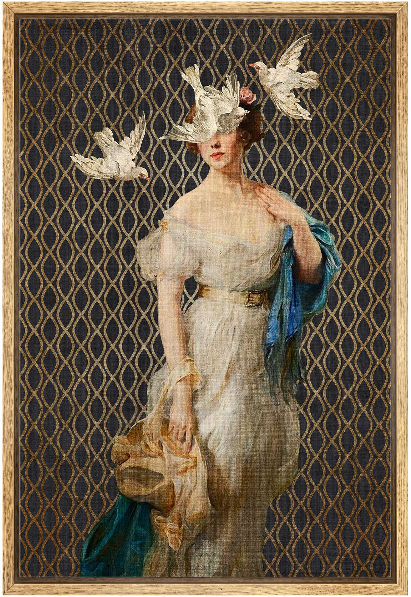 NWT Framed Canvas Print Wall Art Retro Fine Art Classic Woman with Birds Pattern Nature People Illustrations Pop