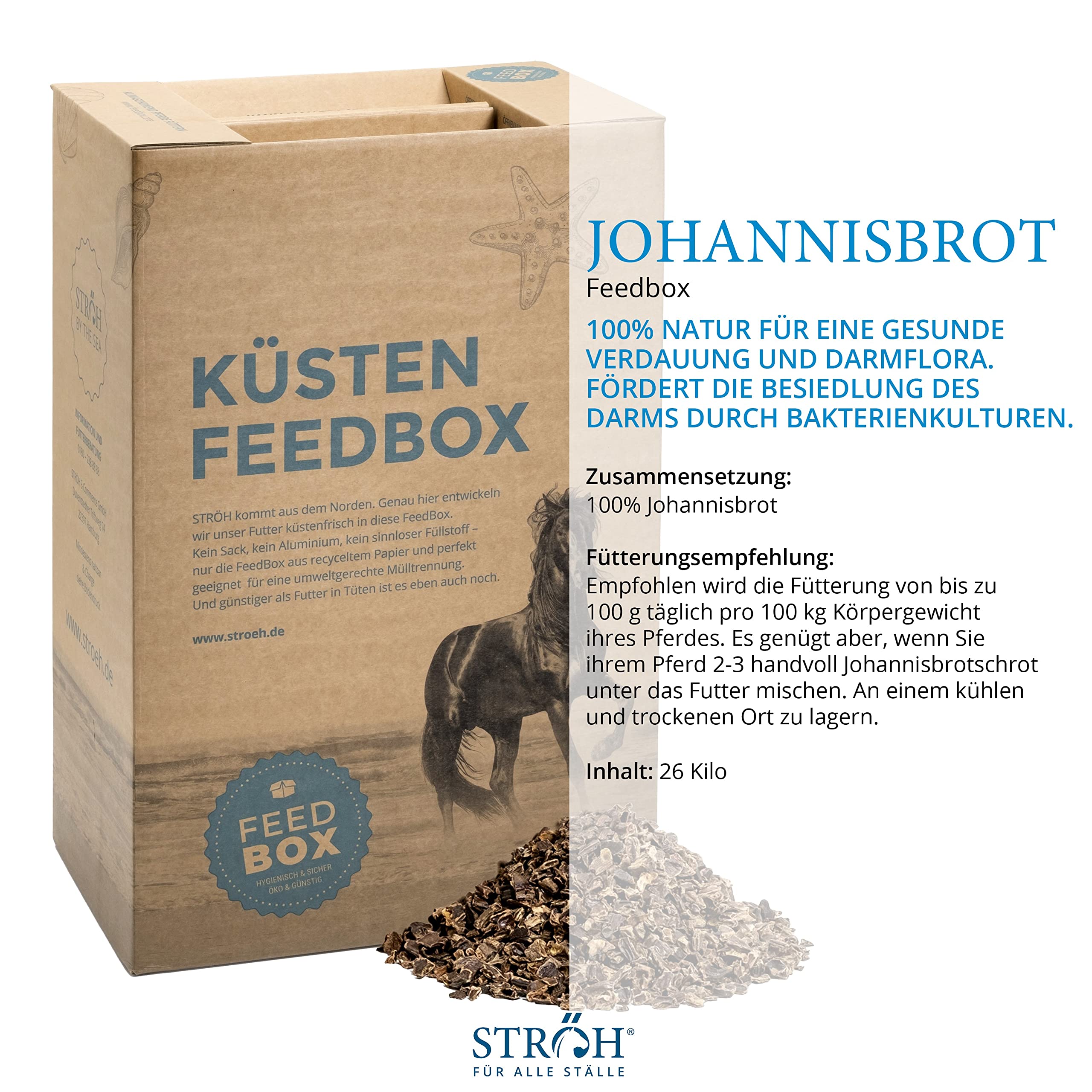 STRÖH Johannisbrot für Pferde - 26kg Feedbox - 100% Natürlich, ohne Zusätze | Bei Durchfall, Kotwasser, Darm- & Verdauungsproblemen - Mit Ballaststoffen - Natürlich süßer Geschmack - Wenig Zucker & Fett