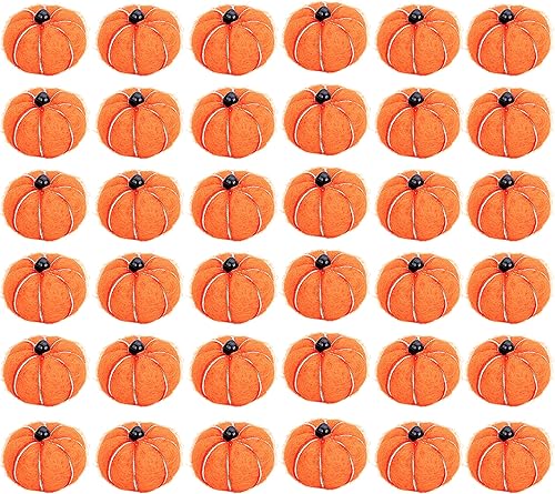 Miniatura 8 de Sfcddtlg 36 pompones de calabaza de fieltro pequeño de Halloween, 9 colores, mini calabazas de fieltro de lana hechas a mano para manualidades,