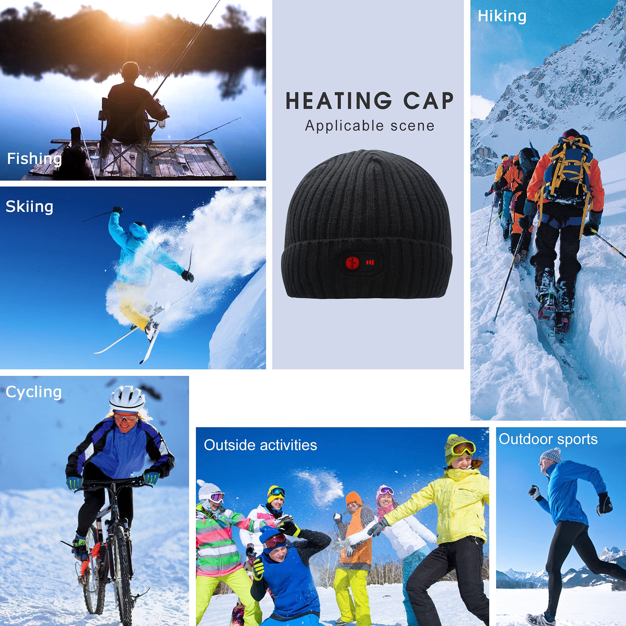 Svpro Gorro calentado con batería recargable de 7,4 V, batería de polímero de litio que dura hasta 3-7 horas, gorro eléctrico calentable para mujeres y hombres, gorro calefactor