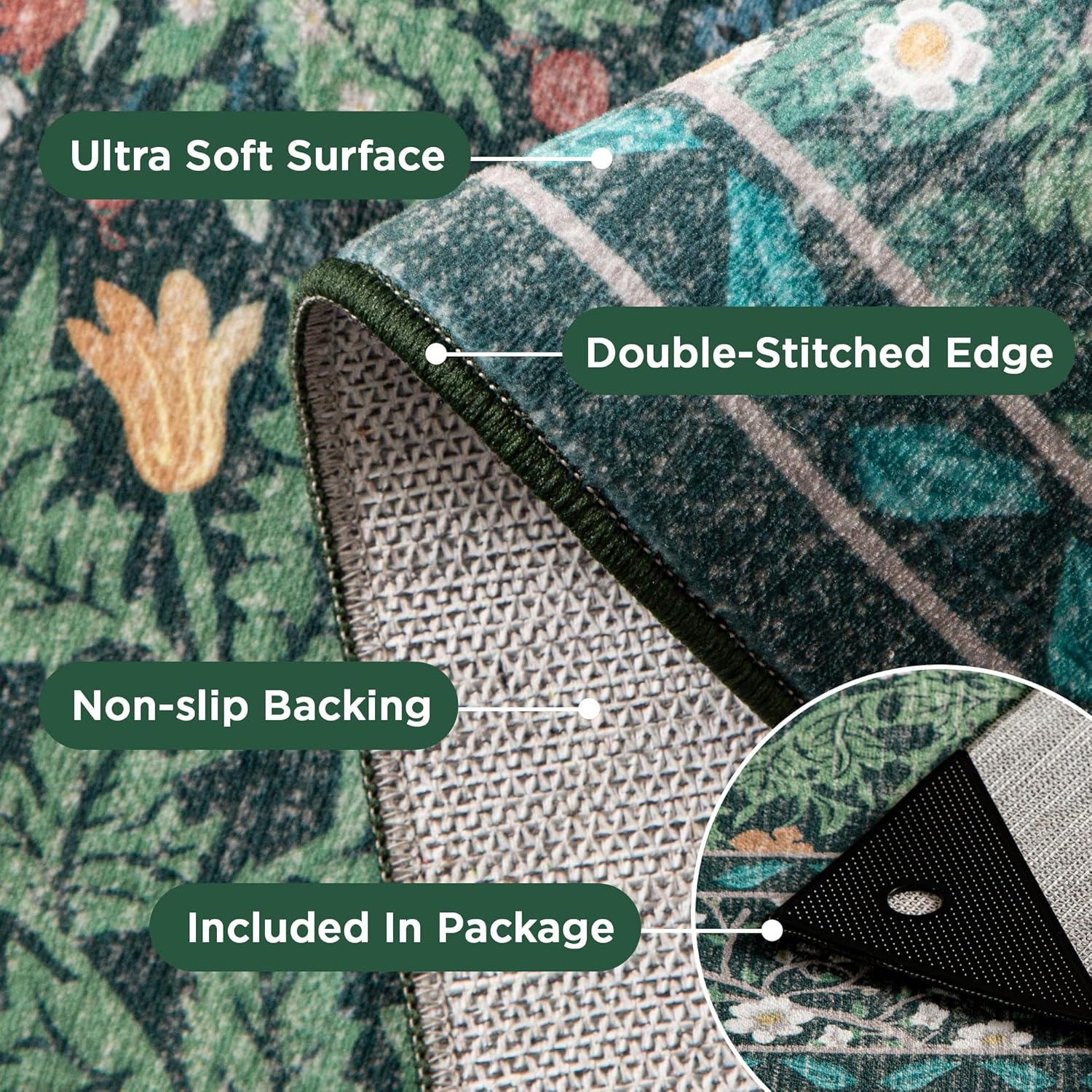 5x7 Washable Dark Green Floral Area Rug for Living Room, Non-Slip Soft Floral Print Vintage Boho Carpet, Forest Green Low Pile Rugs for Bedroom, Dining Room, Indoor Decor