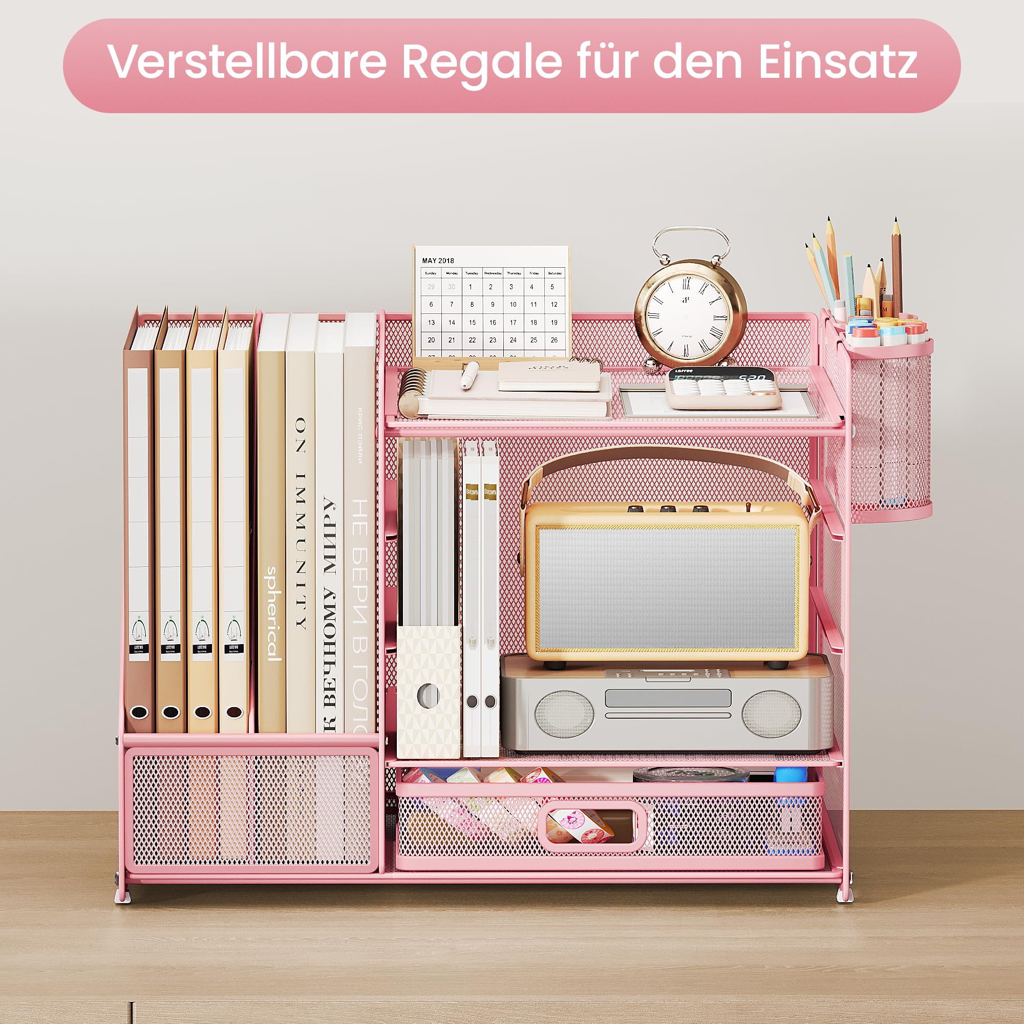 VITVITI Schreibtisch Organizer, 5 Ebenen Briefablage mit Schubladen, Aktenhalter mit 2 Stiftehalter, Büro Organizer mit Stehsammlere, Bürobedarf für A4 Dokumentenablag (Rosa)