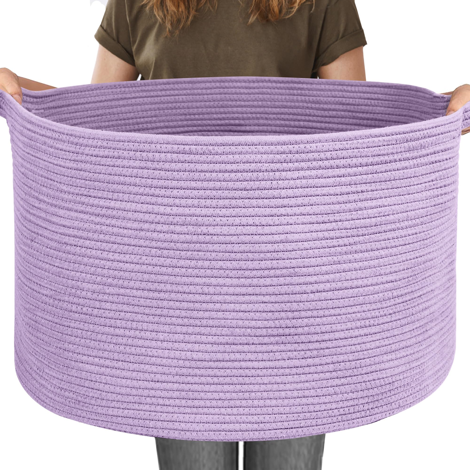 MEGASKET 115L Extra Large Purple Storage Basket, 23.6" X 15.7" Jumbo Woven Cotton Rope Bin for Throw Blankets Pillows, Baby Laundry Basket, Dirty Clothes Organizer, Big Storage Box for Toys, Towels