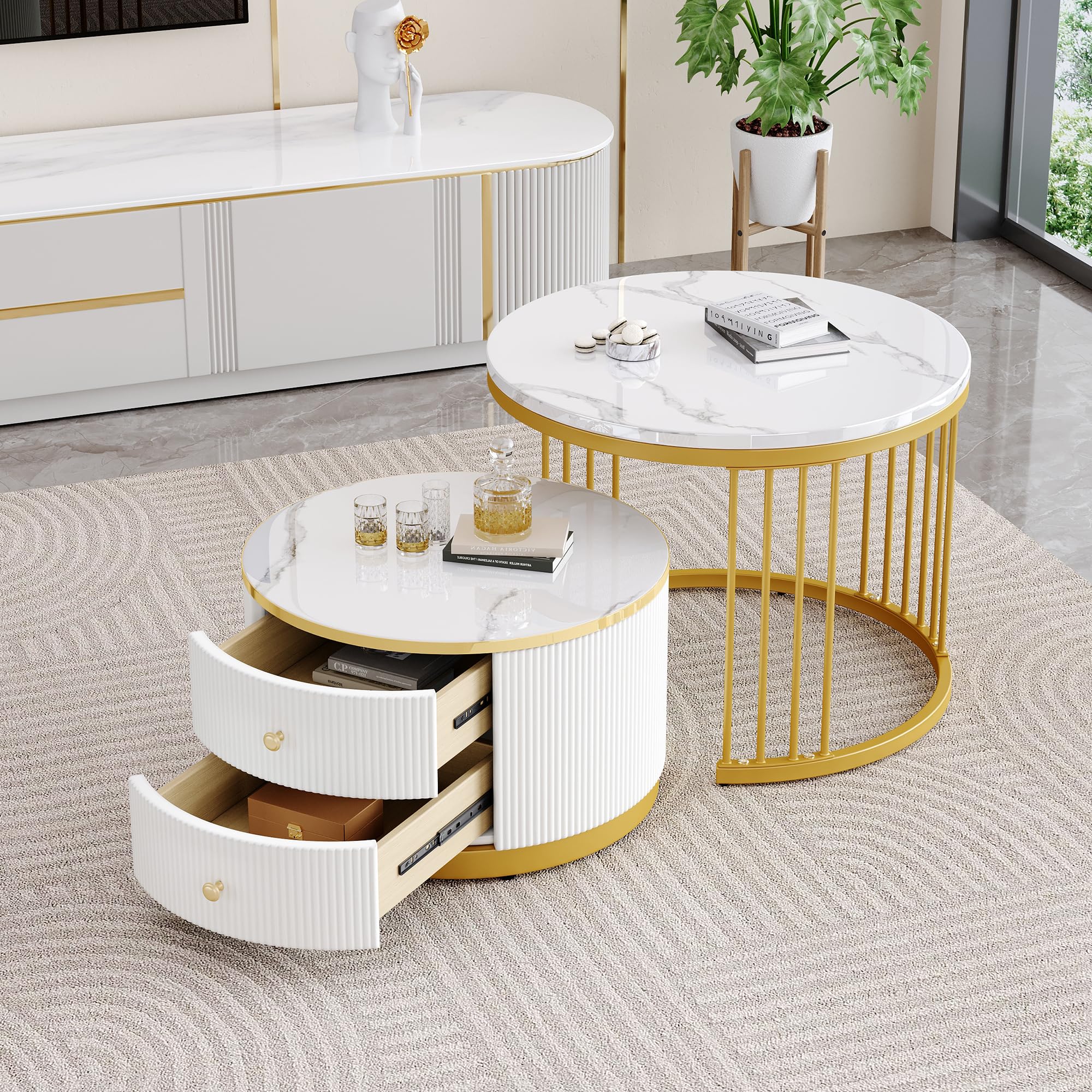 BTM Elegantes 2-teiliges, weißes Couchtisch-Set in Nestform, 60*60*45.5cm & 50*50*32cm, runde Tische mit hochglänzender Marmoroptik, 2 Schubladen, bis 30kg belastbar,Nesting-Kombination Couchtisch