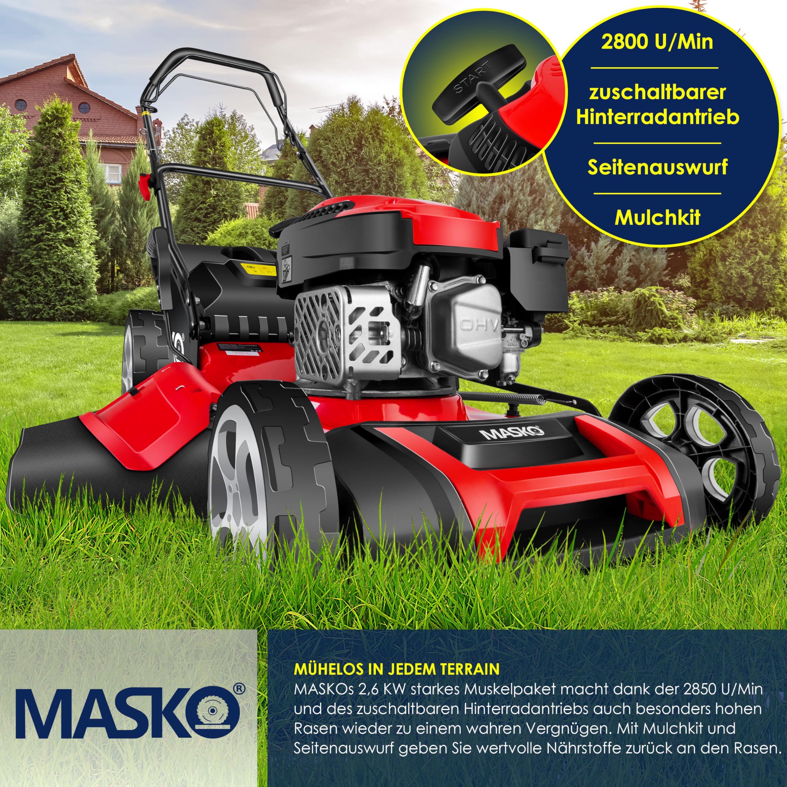 MASKO® Cortacésped de Gasolina, 5 en 1, accionamiento de Ruedas, función de Limpieza, función de mantillo, expulsión Lateral, Ancho de Corte 8 Veces, Ajuste de Altura de Corte, Motor de 4 Tiempos