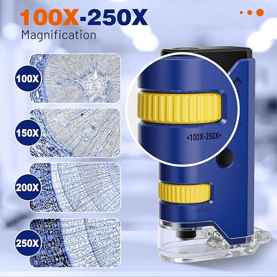 100x-250x Mini Pocket Microscope for Kids Adults, Protable Handheld Microscope Kit, Portable Miniscope for Kids Adults Science Lab Education, Blue