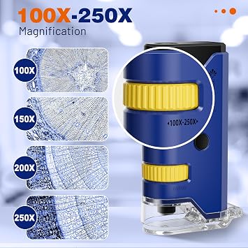 100x-250x Mini Pocket Microscope for Kids Adults, Protable Handheld Microscope Kit, Portable Miniscope for Kids Adults Science Lab Education, Blue