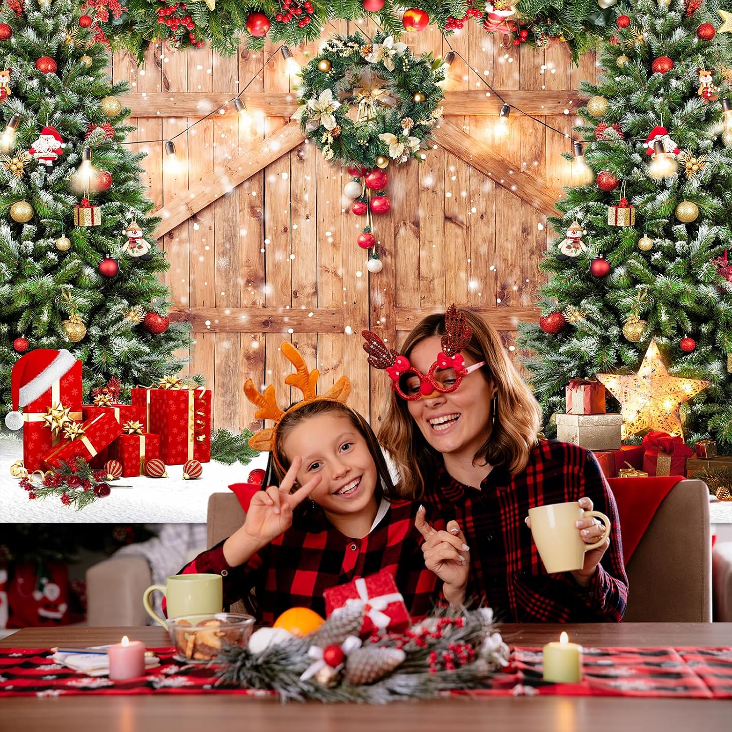 Avezano Rustic Christmas Barn Wood Door Backdrop for Photography X-mas Tree Snow Gifts Photo Background Christmas Holiday Family Photoshoot Banner for Picture Studio Prop (10x7ft)